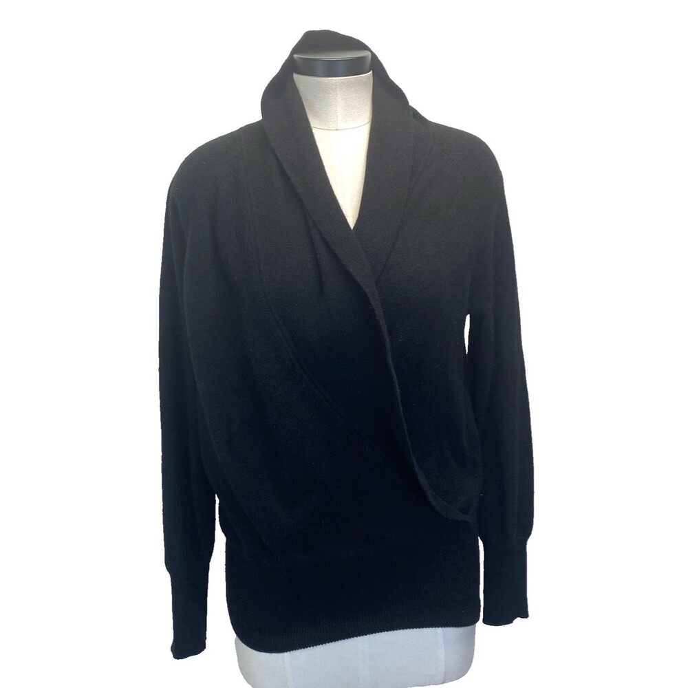 Sutton Studio 100% Cashmere Sweater Black Faux Wrap Surplice Shawl Neck Sz M